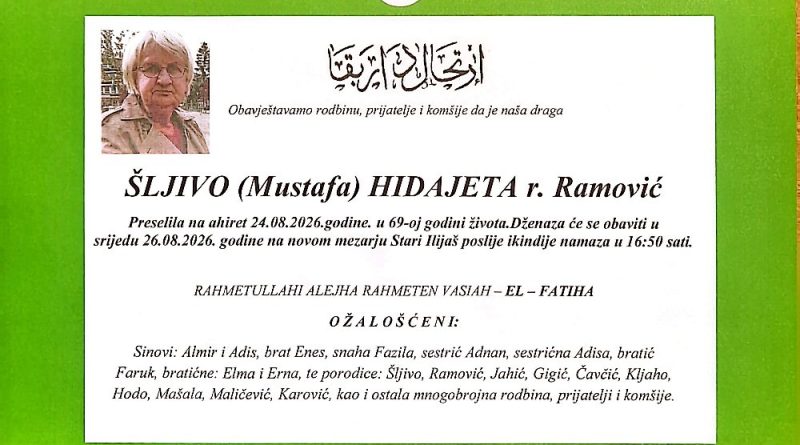Šljivo (Mustafa) Hidajeta rođ. Ramović